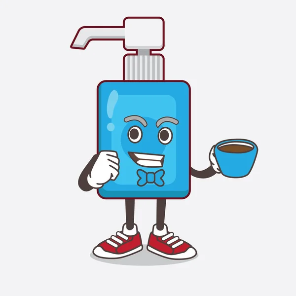 Иллюстрация Персонажа Мультяшного Талисмана Hand Sanitizer Чашкой Кофе — стоковый вектор