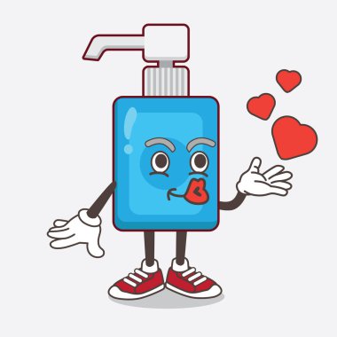 El dezenfekte edici çizgi film karakteri kalp öpücüğüyle dalga geçiyor.