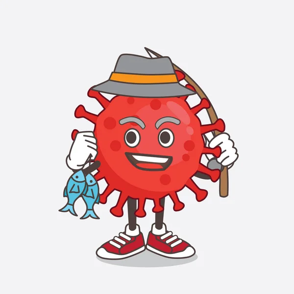 Illustration Red Virus Cartoon Mascot Character Fishing Fishes — Stock Vector