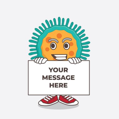 Mavi Virüs çizgi film maskot karakterinin çizimi. Komik yüzü bir panonun arkasında saklanıyor.