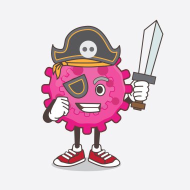 Pembe Virüs çizgi film maskotu karakterinin korsan tarzı ve şapka ve kılıç takan bir çizimi.