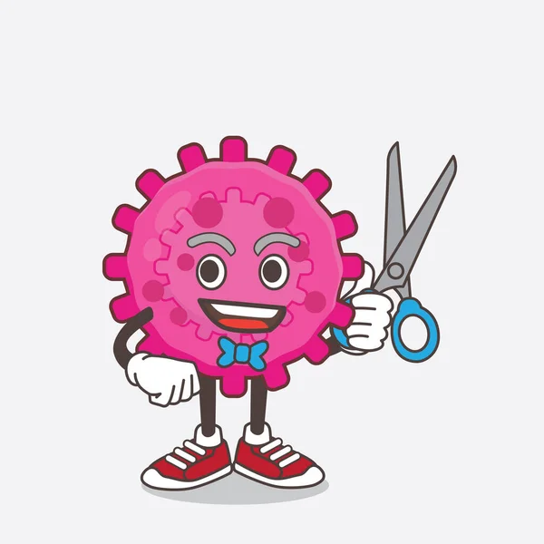 Illustration Pink Virus Cartoon Mascot Character Smiling Barber Scissors Hand — Stock Vector