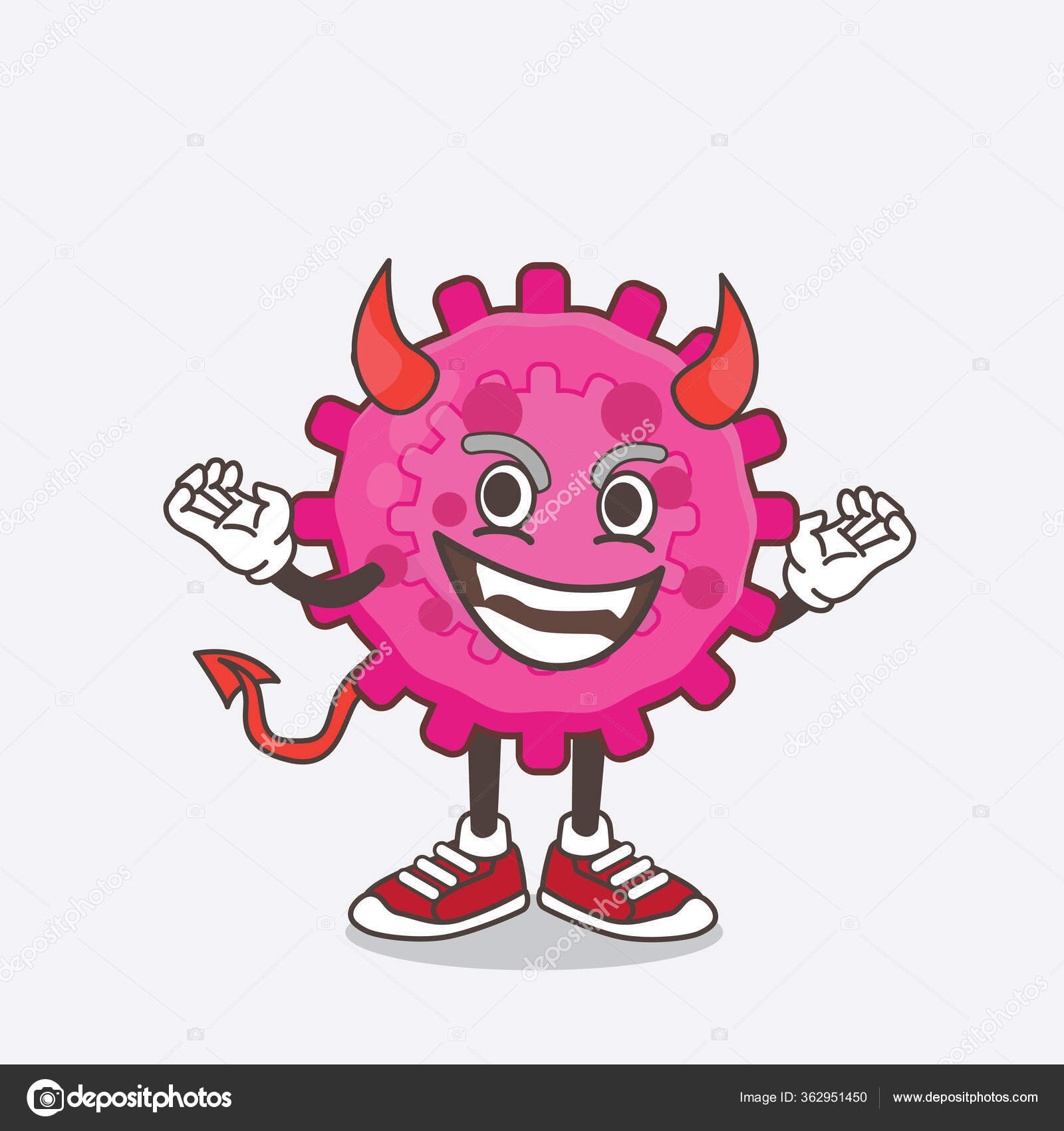 角と尾を持つ赤い悪魔としてピンクウイルスの漫画のマスコットキャラクターのイラスト ストックベクター C Dendyh7