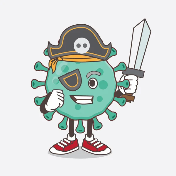 Illustration Blue Virus Cartoon Mascot Character Pirate Style Wearing Hat — Stock Vector