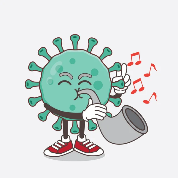 Illustration Blue Virus Cartoon Mascot Character Playing Music Trumpet — Stock Vector