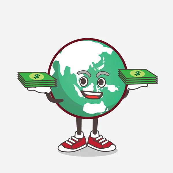An illustration of Planet Earth cartoon mascot character with money on hands