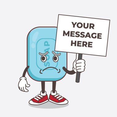 Mavi Sabun çizgi film maskotu karakterinin çizimi. Gülmeyen yüzü ve elinde bir mesaj panosu var.