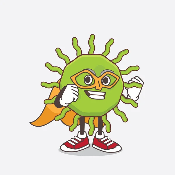 Illustration Green Virus Tecknad Maskot Karaktär Klädd Som Superhjälte — Stock vektor