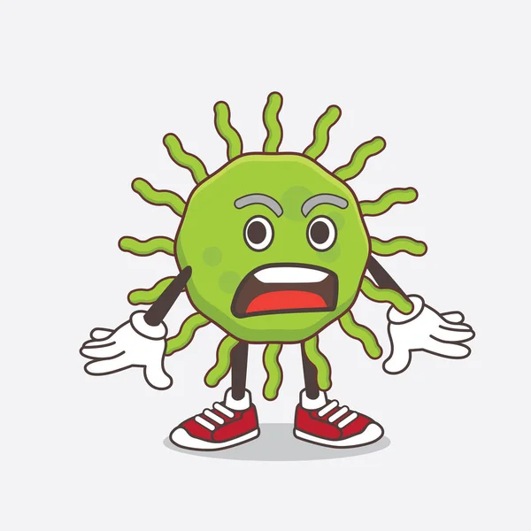 Ilustracja Green Virus Postać Maskotki Kreskówki Zaskoczonym Gestem — Wektor stockowy