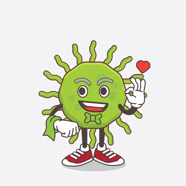 Illustration Green Virus Tecknad Maskot Karaktär Arbetar Som Servitör — Stock vektor