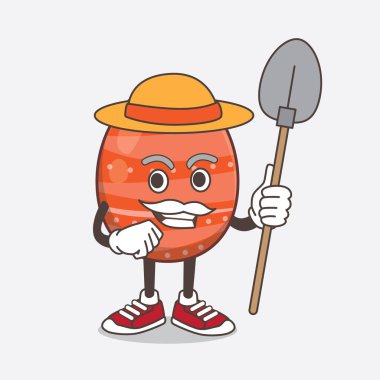 Paskalya Yumurtası çizgi filmindeki şapkalı ve çiftçi aletli maskot karakterinin bir çizimi.