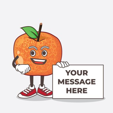 Bir Pluots Fruit çizgi film maskotu karakteri tabela mesajı tutuyor.