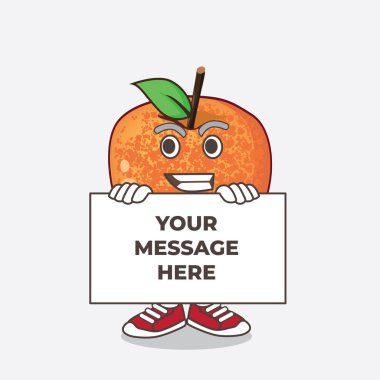 Pluots Fruit çizgi film maskotu karakterinin bir çizimi. Komik suratlı, bir panonun arkasında saklanıyor.