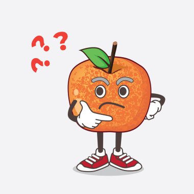 Pluots Fruit çizgi film maskotu karakterinin kafası karışmış bir çizimi.