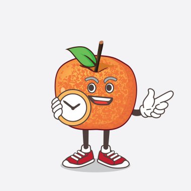 Fluots Fruit çizgi film maskotu karakterinin saat tutan bir çizimi.