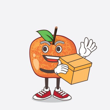 Fluots Fruit çizgi film karakteri bir kutu tutuyor.