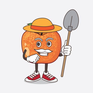 Pluots Fruit çizgi film maskot karakterinin çizimi. Şapkası ve çiftçi aletleri var.