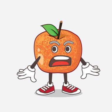 Pluots Fruit çizgi film maskotu karakterinin bir çizimi. Şaşırtıcı bir jest.