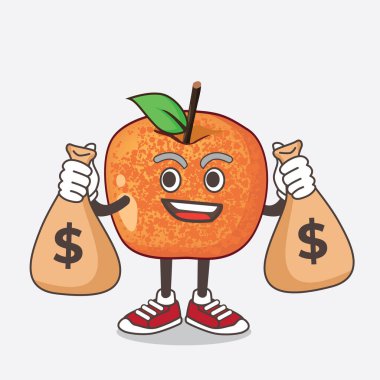 Fluots Fruit çizgi film karakteri para çantaları tutuyor.