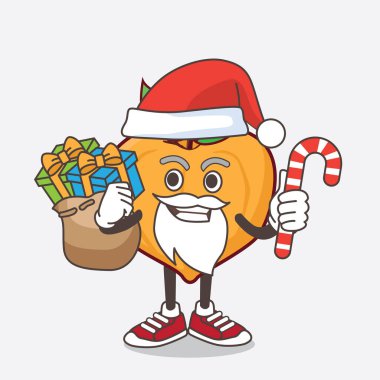 Noel Baba kostümlü ve şekerli yumurta meyveli maskot karakterinin bir çizimi.