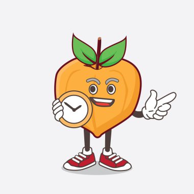 Yumurta meyvesi çizgi film maskotu karakterinin saat tutan bir çizimi.