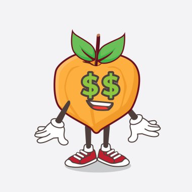 Gözlerinde para sembolü olan yumurta meyveli bir maskot karakteri çizimi.