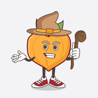 Şapka ve asa takan bir cadı rolünde Yumurta Meyvesi çizgi film maskotu karakteri.