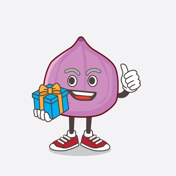 Una Ilustración Del Personaje Mascota Fruta Higuera Con Regalo — Vector de stock