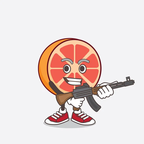 アサルトライフル機関銃とグレープフルーツの漫画のマスコットキャラクターのイラスト — ストックベクタ