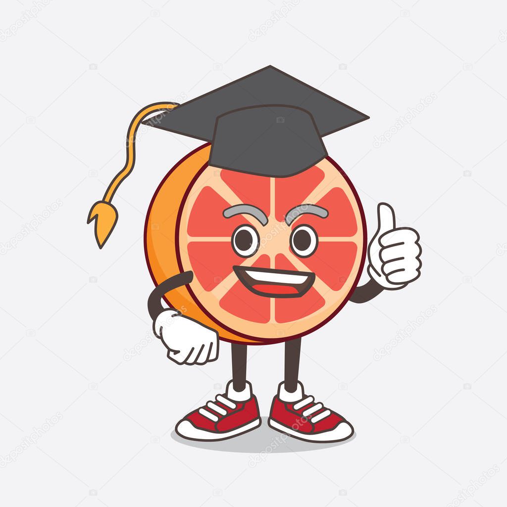 An illustration of Grapefruit cartoon mascot character in a black Graduation hat