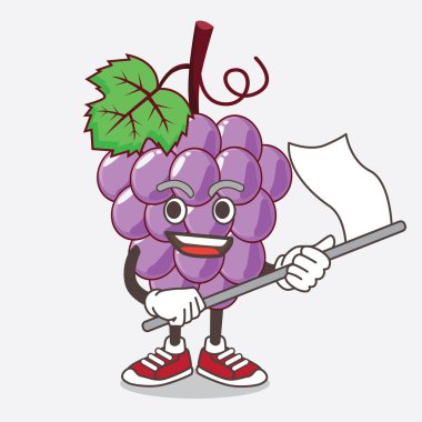 Üzüm Meyvesi çizgi film maskotu karakterinin bayrak sallamasının bir çizimi.