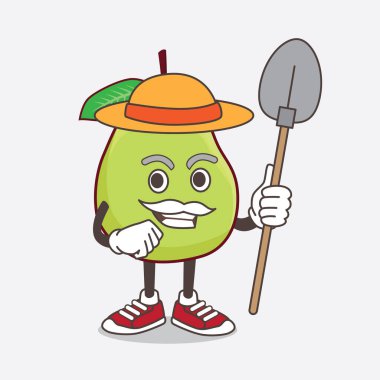 Şapkalı ve çiftçi aletli Guava Fruit çizgi film karakteri.
