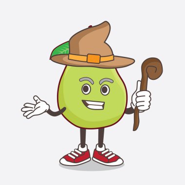 Guava Fruit çizgi film karakteri şapka ve asa takan bir cadının çizimi.