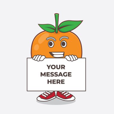 Mandarin Turuncu çizgi film maskot karakterinin çizimi. Komik suratlı, bir panonun arkasında saklanıyor.