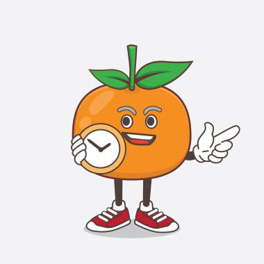 Mandarin Orange çizgi film maskotu karakterinin saat tutan bir çizimi.