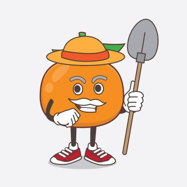 Mandarin Turuncu çizgi film maskot karakterinin çizimi. Şapka ve çiftçi aletleriyle.