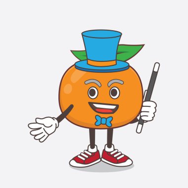 Bir sihirbaz olarak Mandarin Fruit karikatür maskot karakter performansının bir çizimi
