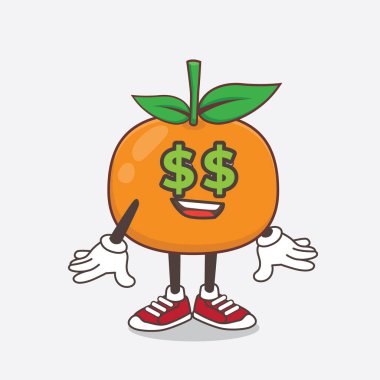 Gözlerinde para sembolü olan Mandarin Fruit çizgi film maskotu karakteri.