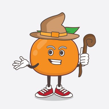 Mandarin Fruit çizgi film maskotu karakterinin şapka ve asa takan bir çizimi.