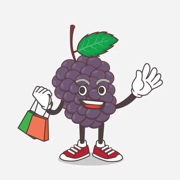 Une Illustration Personnage Mascotte Mulberry Fruit Agitant Tenant Des Sacs — Image vectorielle