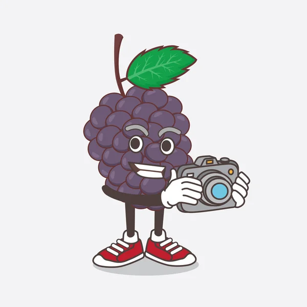 Uma Ilustração Mulberry Fruit Personagem Mascote Desenho Animado Como Fotógrafo —  Vetores de Stock