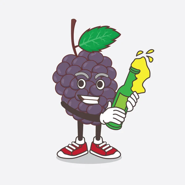 Illustration Personnage Mascotte Mulberry Fruit Tenant Une Bouteille Bière — Image vectorielle