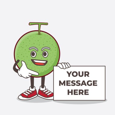 Melon Fruit çizgi film maskotu karakterinin tabela mesajı taşıdığını gösteren bir resim.