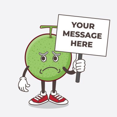 Melon Fruit çizgi film karakteri. Gülmeyen suratlı ve elinde mesaj panosu olan.