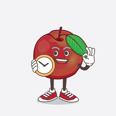 Nectarine Fruit çizgi film maskotu karakterinin saat tutan bir çizimi.