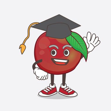 Siyah mezuniyet şapkalı Nectarine Fruit çizgi film maskotu karakteri.