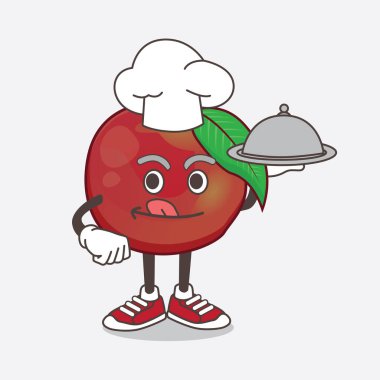 Nectarine Fruit çizgi filmindeki maskot karakterinin çizimi tepside hazır yemek olan bir aşçı.