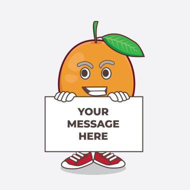 Göbek portakallı çizgi film maskotu karakterinin çizimi. Komik yüzü bir panonun arkasında saklanıyor.