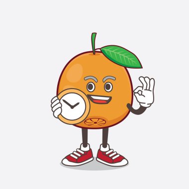 Göbek portakallı çizgi film maskotu bir saat tutuyor.