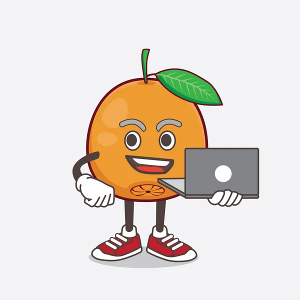 Ilustrace Postavy Kresleného Maskota Navel Orange Pracující Laptopem — Stockový vektor